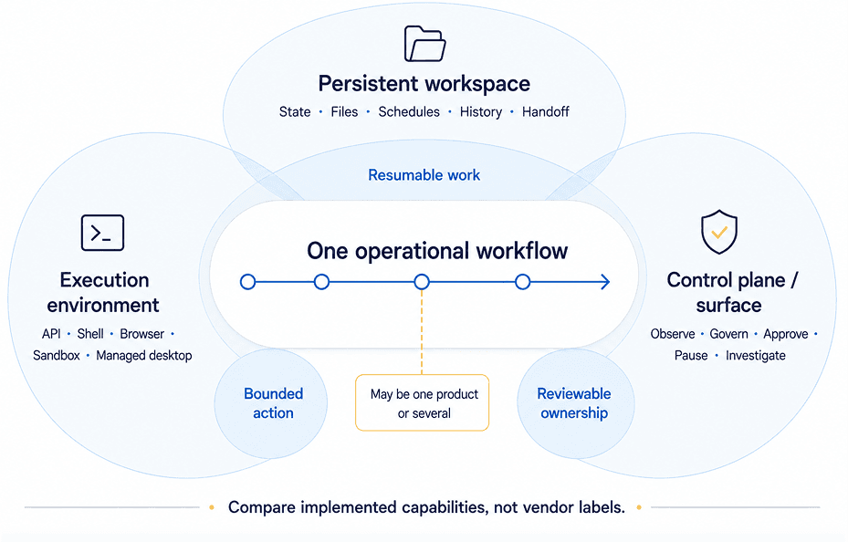 Three overlapping fields show persistent workspace, execution environment, and control plane capabilities surrounding one workflow; products may provide any combination.